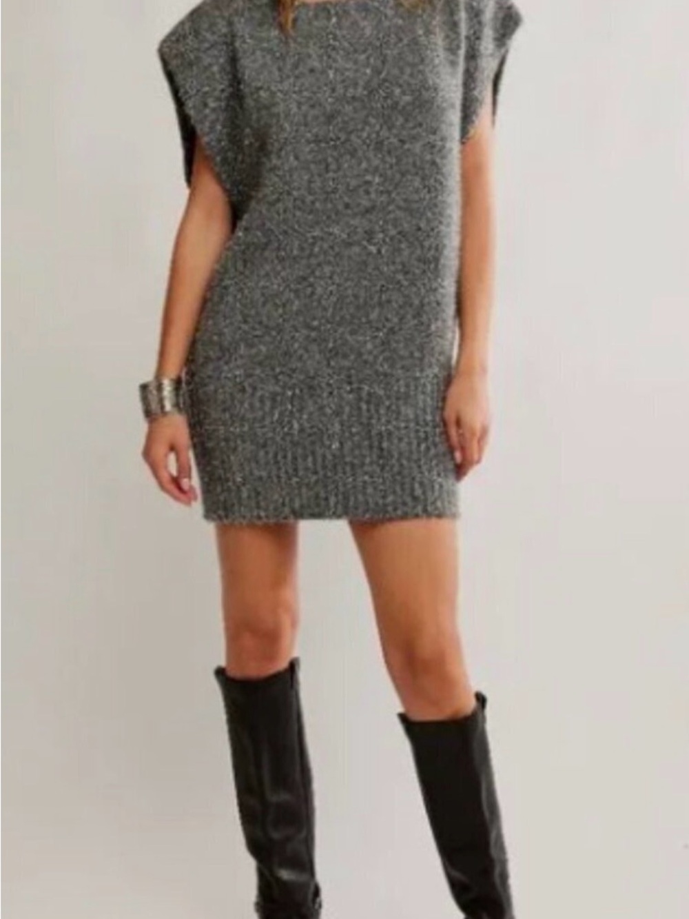 Free people Talia sweater mini dress sleeveless grey sparkle size L NWT